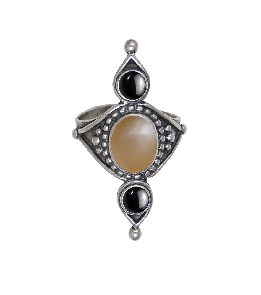 Sterling Silver Royal Ring With Peach Moonstone And Hematite Size 10 Sterling Silver Royal Ring With Peach Moonstone And Hematite Size 10